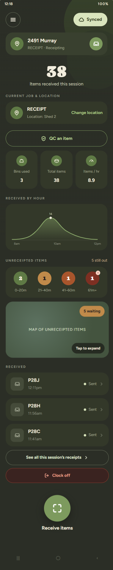 An Any App application on a phone: receipting items against a job, with counts, rate and unreceipted stock